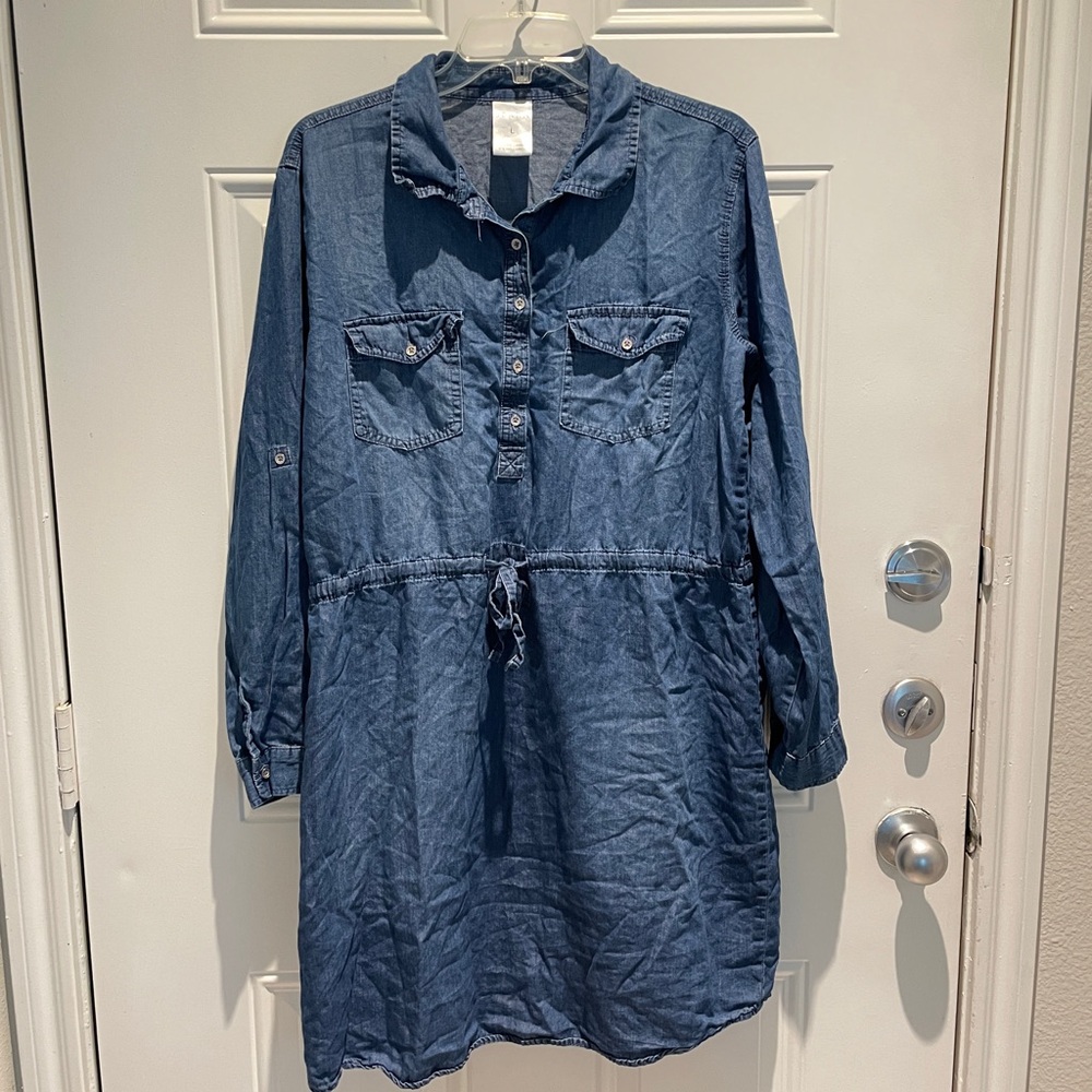 Serra Denim Jean A-line Drawstring Long Sleeve Button Down Dress Size Large